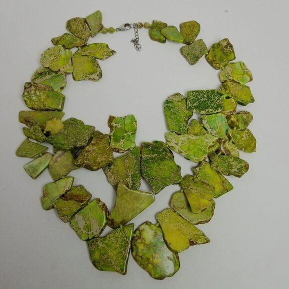 Sterling Silver and Dyed Green Howlite Stone Slab Two Strand Statement Necklace - Picture 7 of 7